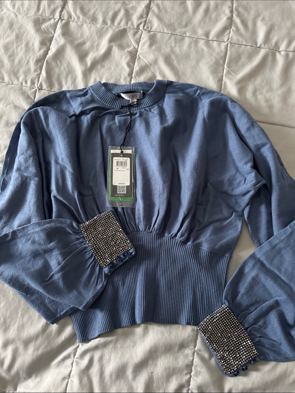 Guess Blue Long Sleeve Sweater with Embellished Cuffs
